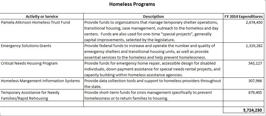 Homeless Programs Detailed Purposes
